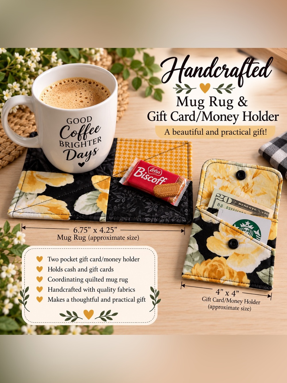 Handcrafted Yellow Floral Mug Rug with Matching Gift Card Money Holder